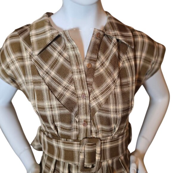 Vintage 50's Inspired Brown & Cream Plaid Belted Midi Dress sz S - Picture 3 of 7